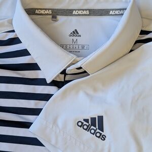 Adidas Polo Golf Shirt Men's Medium Blue White Striped Performance Top Golfing